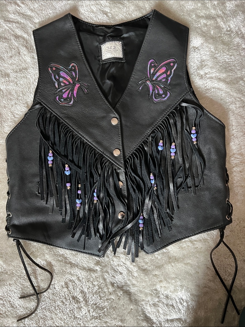 Black Leather Fringe Vest with Purple Butterfly Accents